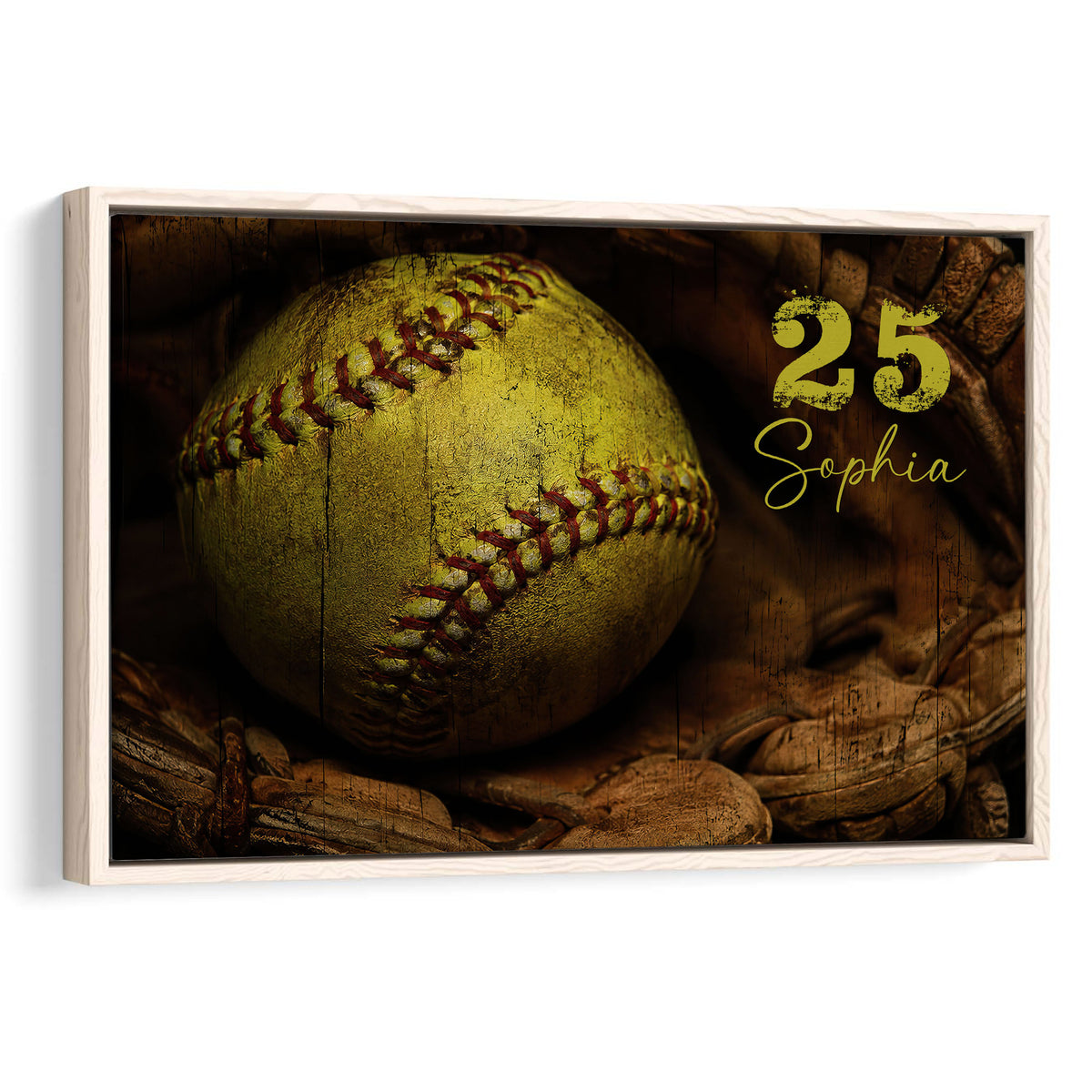 Framed softball wall art featuring a close-up yellow softball against a dark rustic wood background
