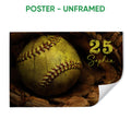 Unframed softball poster featuring a dramatic close-up ball on a dark distressed wood background