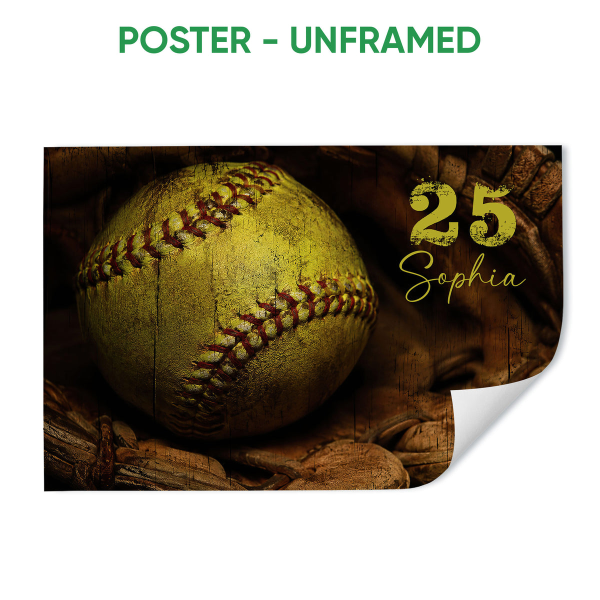 Unframed softball poster featuring a dramatic close-up ball on a dark distressed wood background