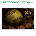 Matte canvas softball wall art with a close-up yellow softball and deep brown rustic background