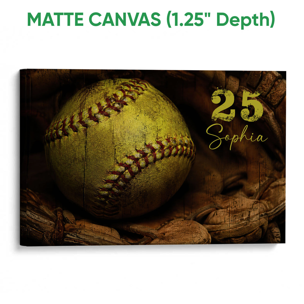 Matte canvas softball wall art with a close-up yellow softball and deep brown rustic background