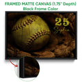 Black framed canvas softball wall art with a detailed close-up ball and dark rustic styling