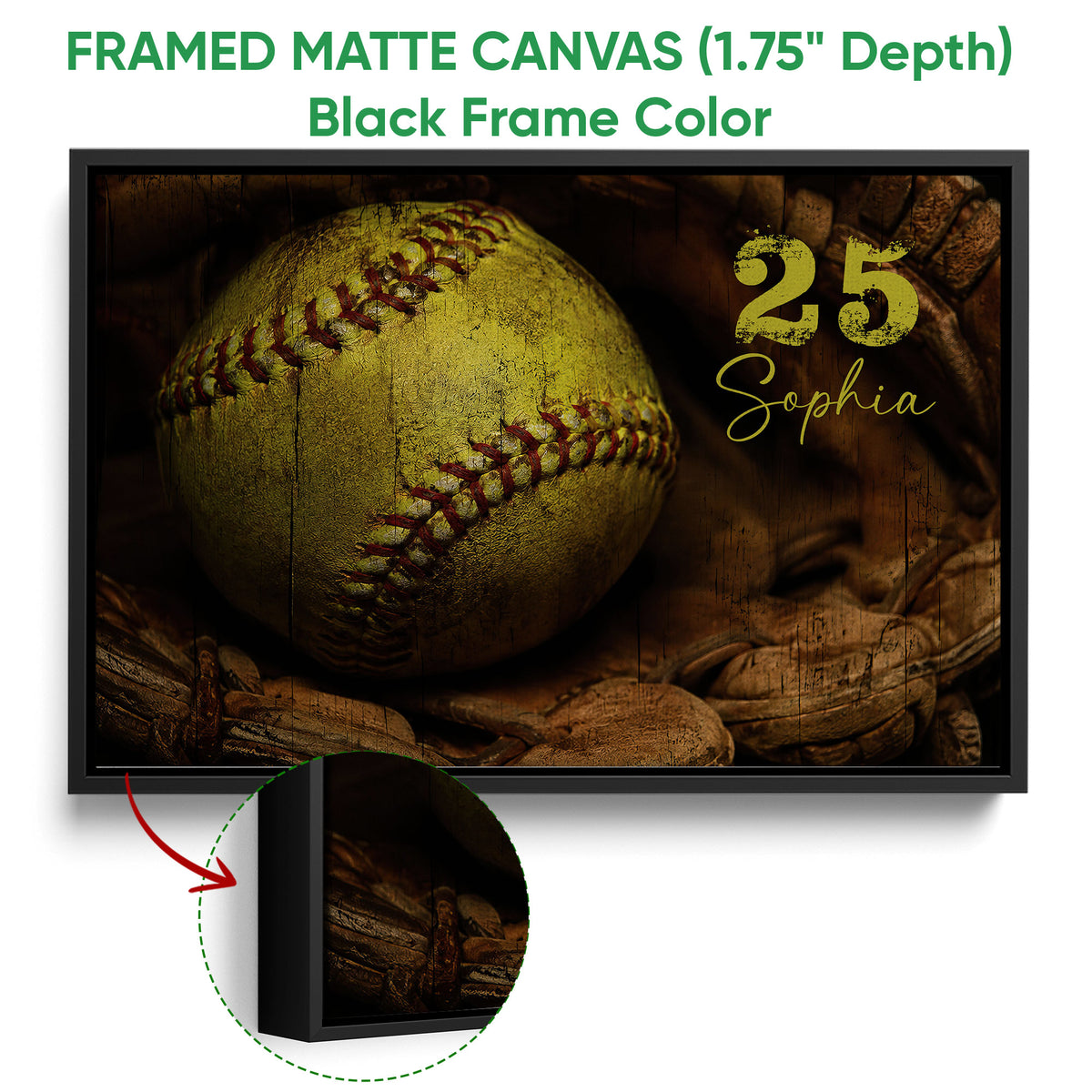 Black framed canvas softball wall art with a detailed close-up ball and dark rustic styling