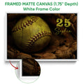 White framed canvas softball wall art displaying a vivid yellow softball against dark wood tones