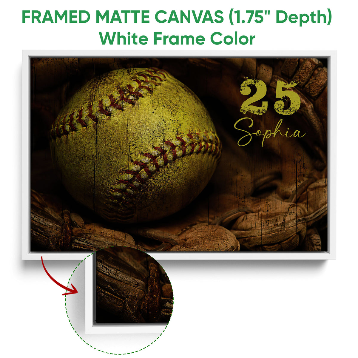White framed canvas softball wall art displaying a vivid yellow softball against dark wood tones