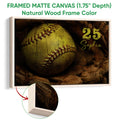 Natural wood framed softball wall art with a close-up softball and warm rustic sports design