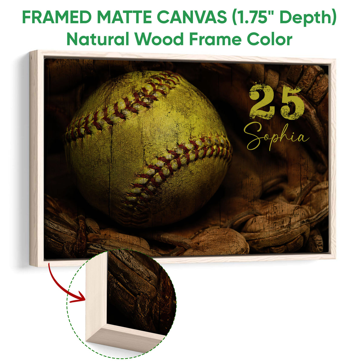 Natural wood framed softball wall art with a close-up softball and warm rustic sports design