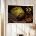 Framed softball wall art displayed on a bright white paneled wall in a cozy home setting