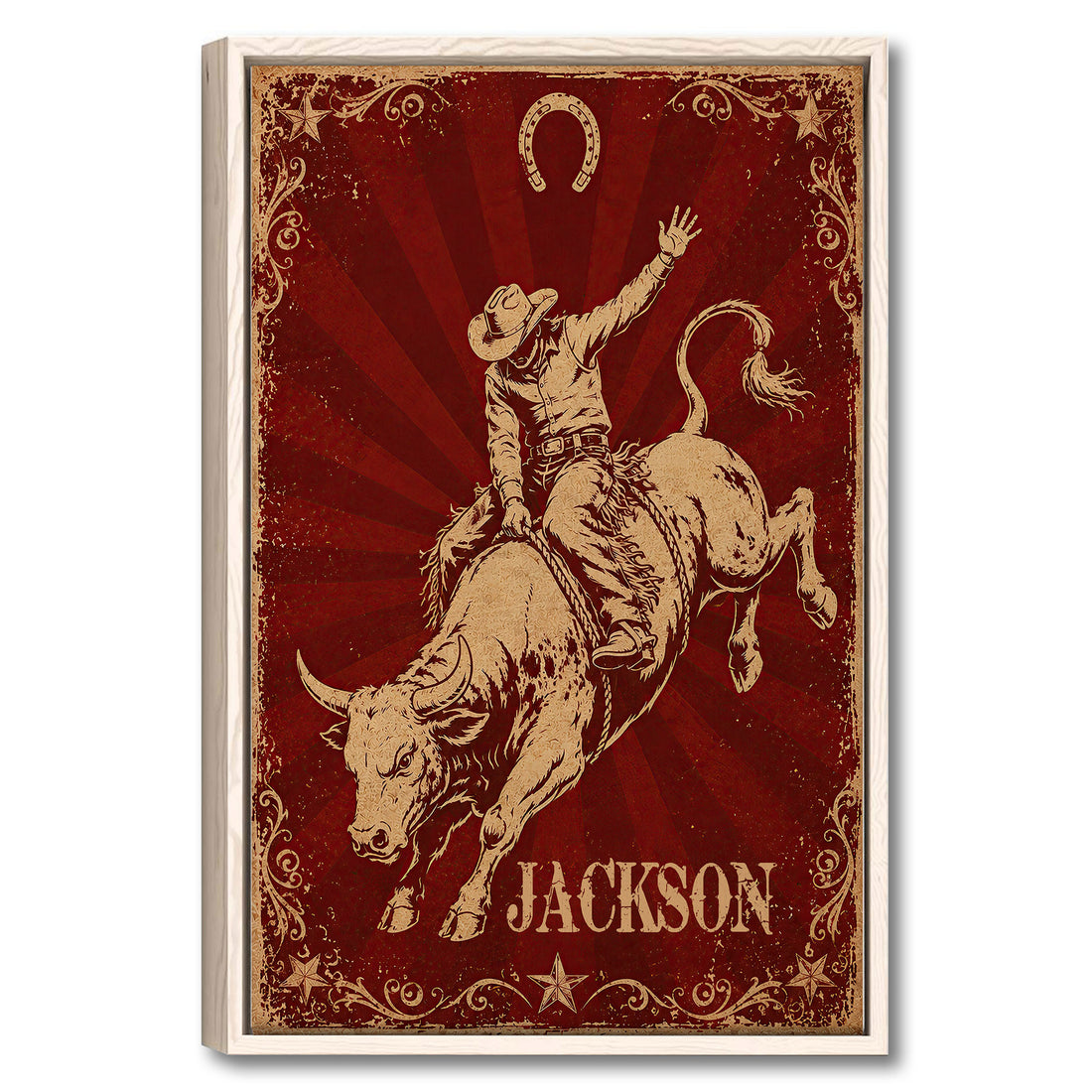 Framed cowboy bull rider wall art with a horseshoe, stars, and distressed red Western styling