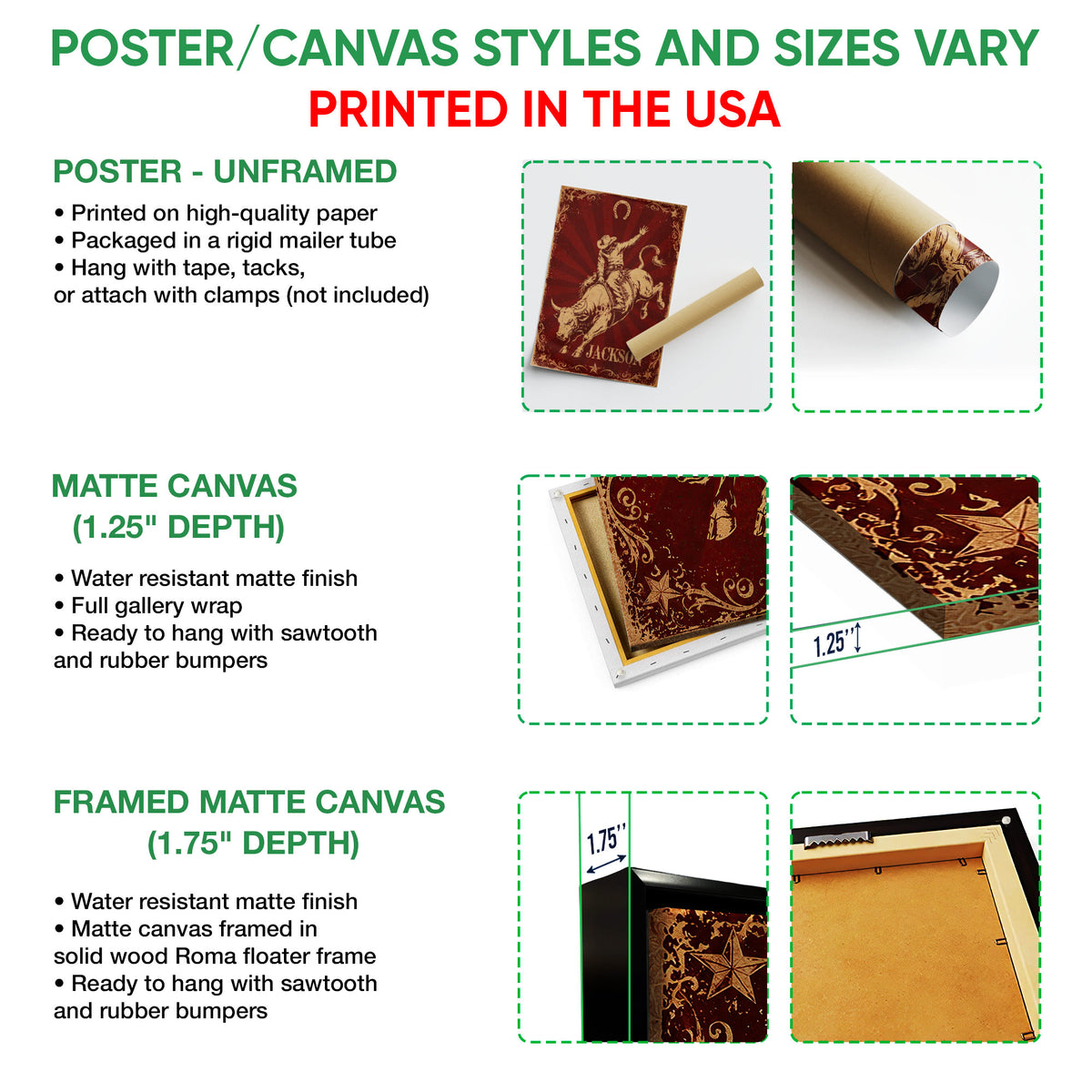 Poster, matte canvas, and framed canvas format guide showing selectable wall art options