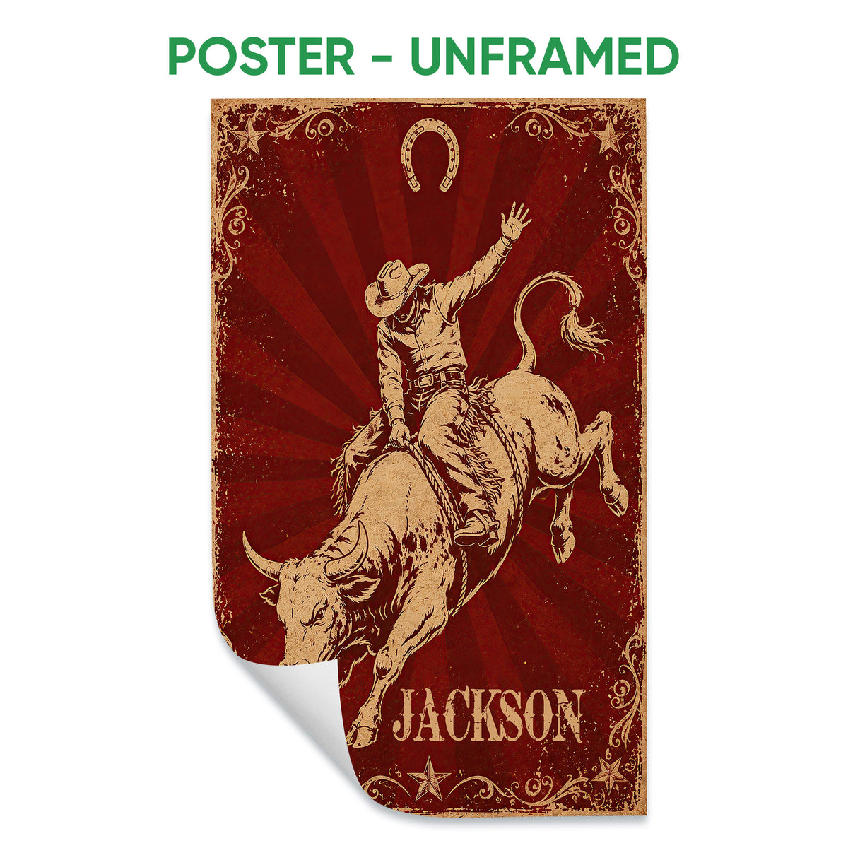 Unframed poster featuring a cowboy bull rider, horseshoe, stars, and vintage Western artwork
