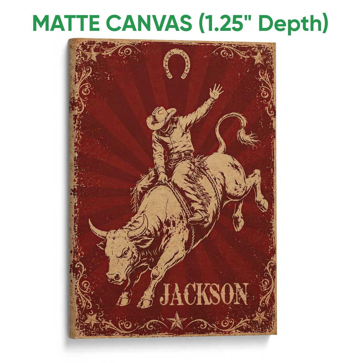Matte canvas wall art featuring a cowboy bull rider against a distressed red Western background
