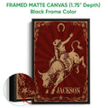 Black framed canvas wall art showing a cowboy bull rider with ornate Western border details