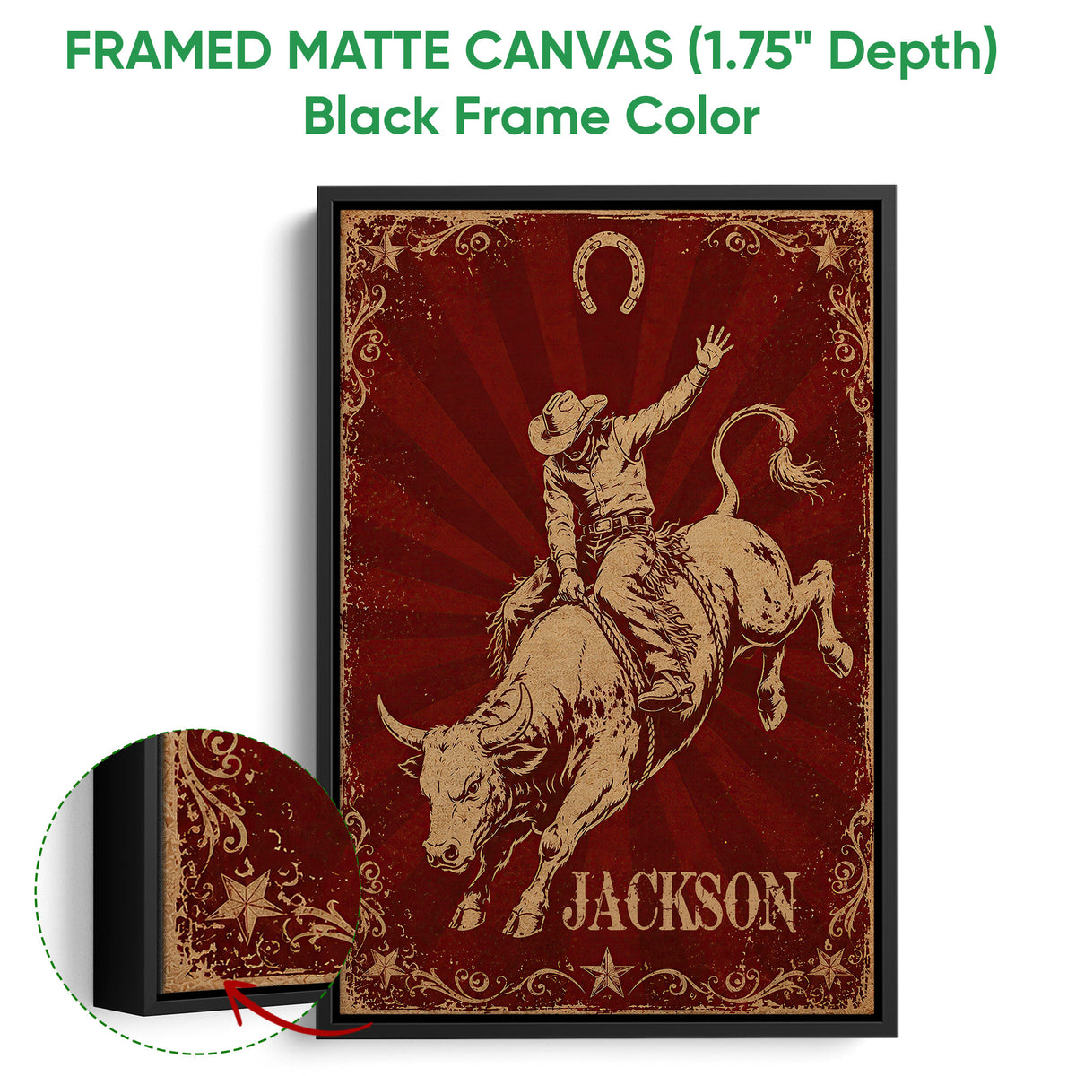 Black framed canvas wall art showing a cowboy bull rider with ornate Western border details