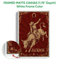 White framed canvas wall art featuring a cowboy bull rider and horseshoe in a vintage Western design
