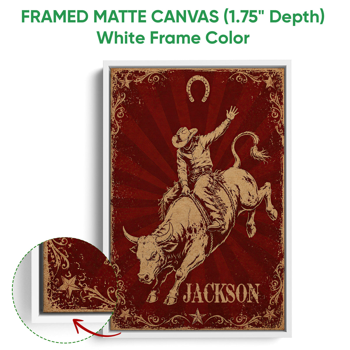 White framed canvas wall art featuring a cowboy bull rider and horseshoe in a vintage Western design