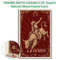 Natural wood framed cowboy wall art featuring a bull rider, stars, and distressed Western details