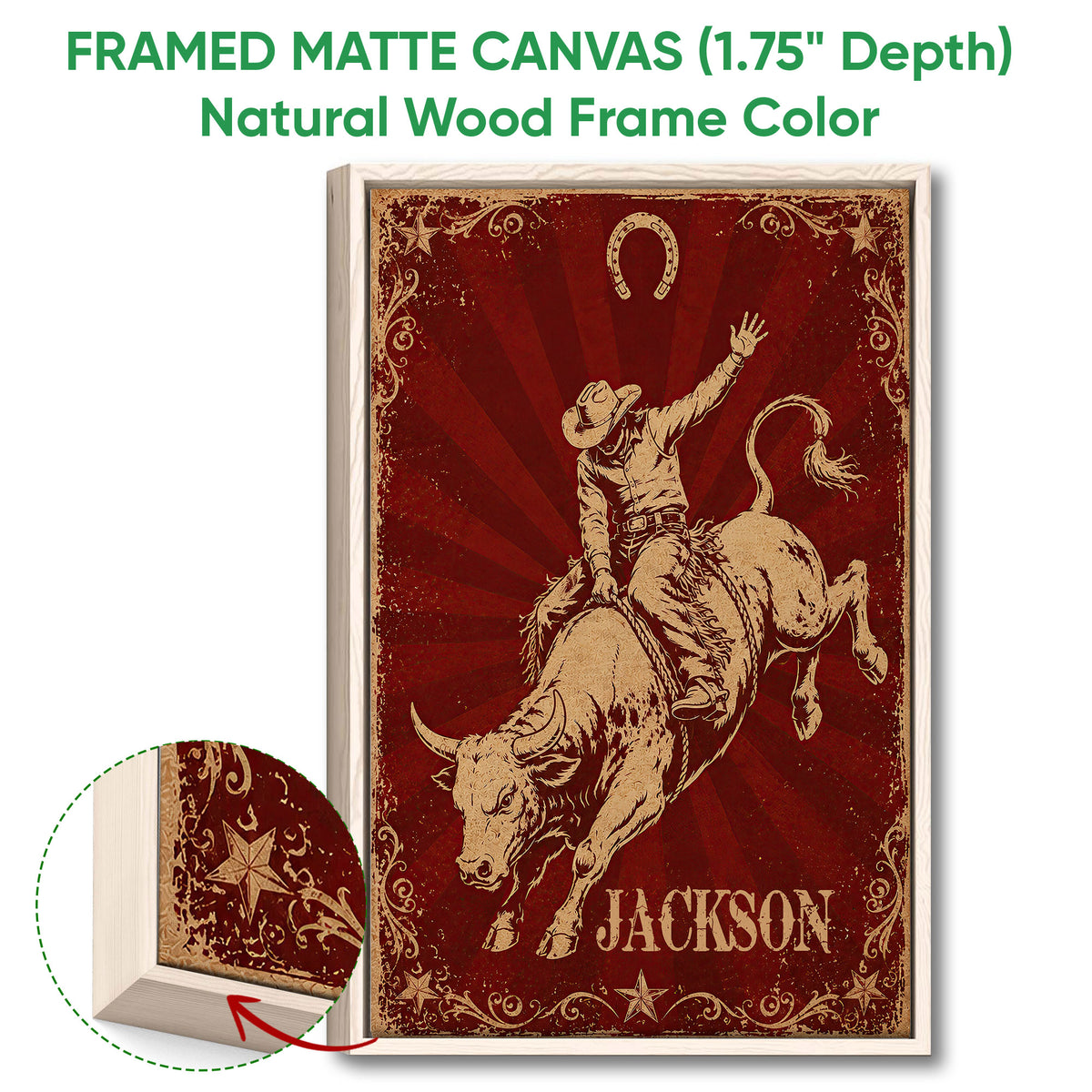 Natural wood framed cowboy wall art featuring a bull rider, stars, and distressed Western details
