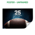 Unframed football poster featuring a close-up football with metallic athletic lettering on a dark blue background