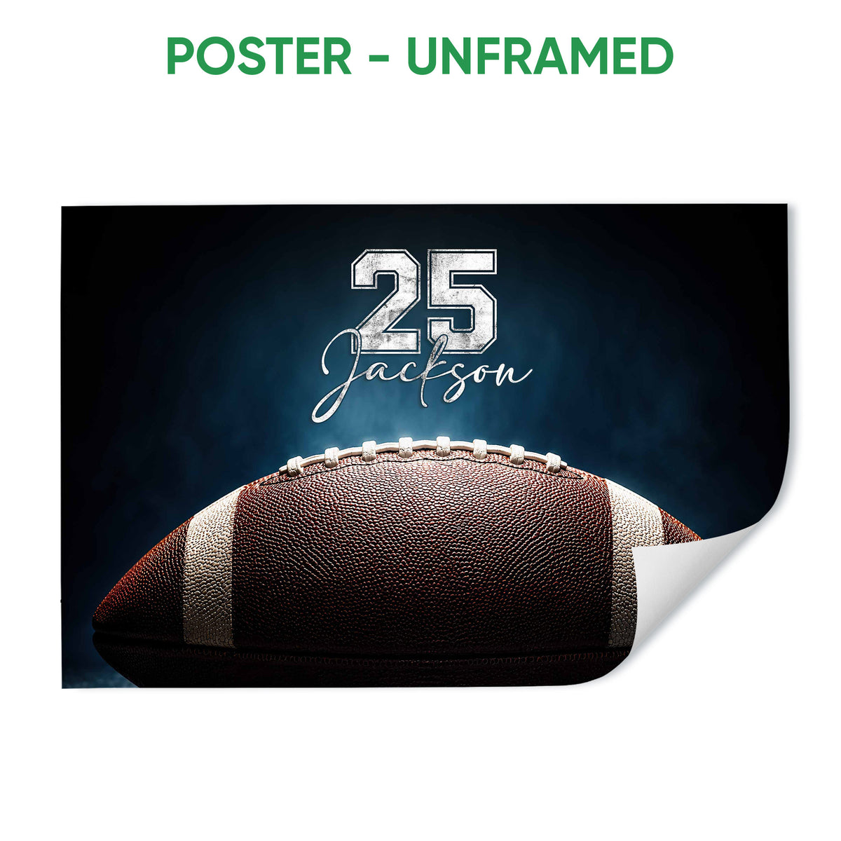 Unframed football poster featuring a close-up football with metallic athletic lettering on a dark blue background