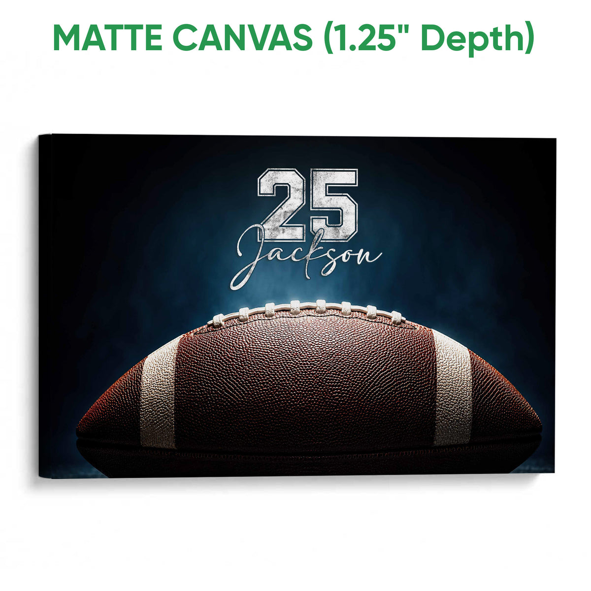 Matte canvas football wall art showing a deep gallery-style profile and detailed close-up football design