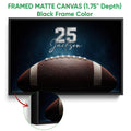 Framed matte canvas football wall art shown with a black frame and detailed edge construction