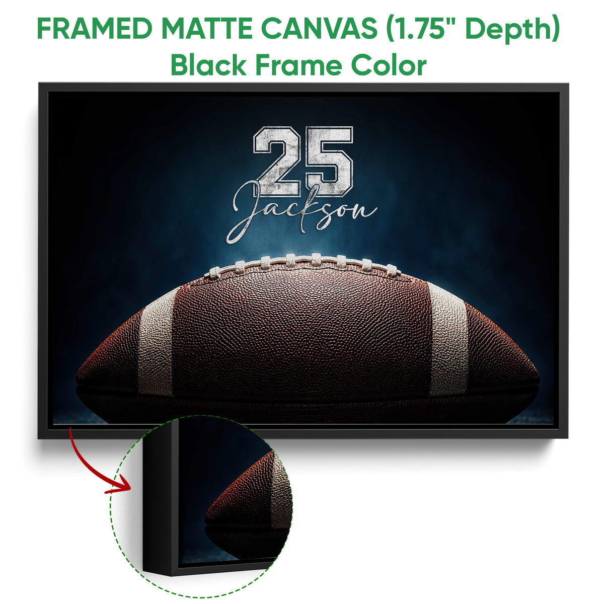 Framed matte canvas football wall art shown with a black frame and detailed edge construction