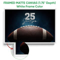 Framed matte canvas football wall art shown with a white frame and close-up side detail