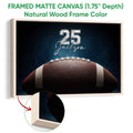 Framed matte canvas football wall art shown with a natural wood frame and detailed side profile