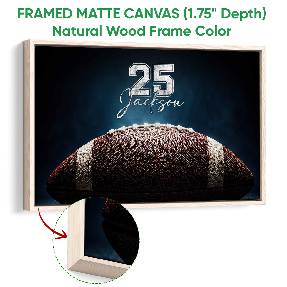 Framed matte canvas football wall art shown with a natural wood frame and detailed side profile