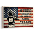 Framed baseball wall art showing a batter against an American flag with bold motivational typography