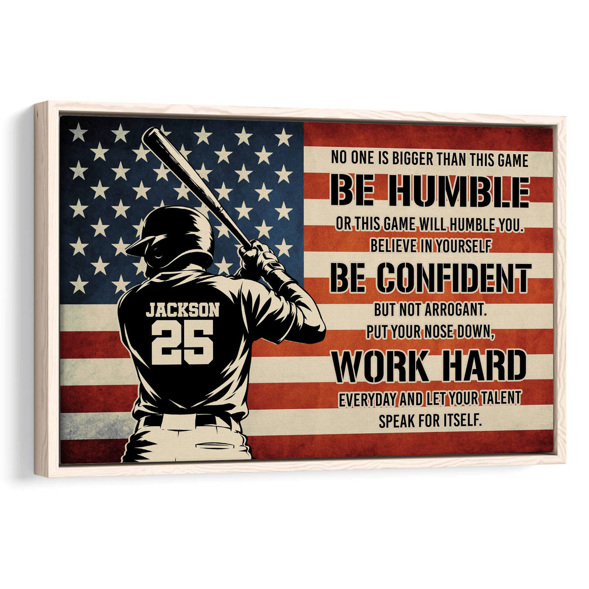 Framed baseball wall art showing a batter against an American flag with bold motivational typography
