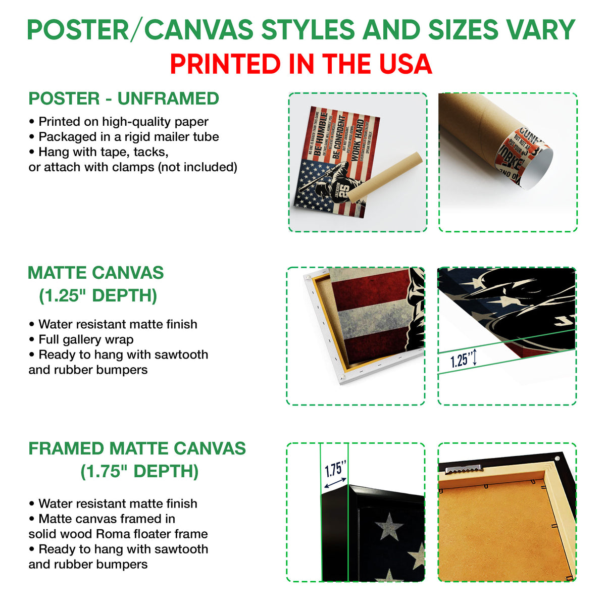 Poster and canvas format guide featuring baseball artwork with unframed and framed presentation examples