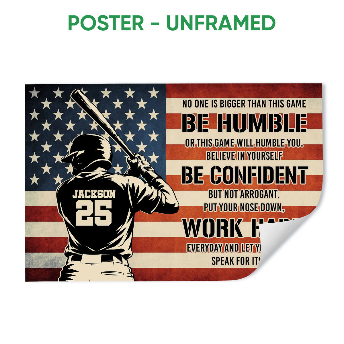 Unframed baseball poster featuring a batter, American flag background, and motivational sports typography