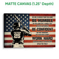 Matte canvas baseball wall art showing a batter and flag-inspired design with a gallery-wrapped edge