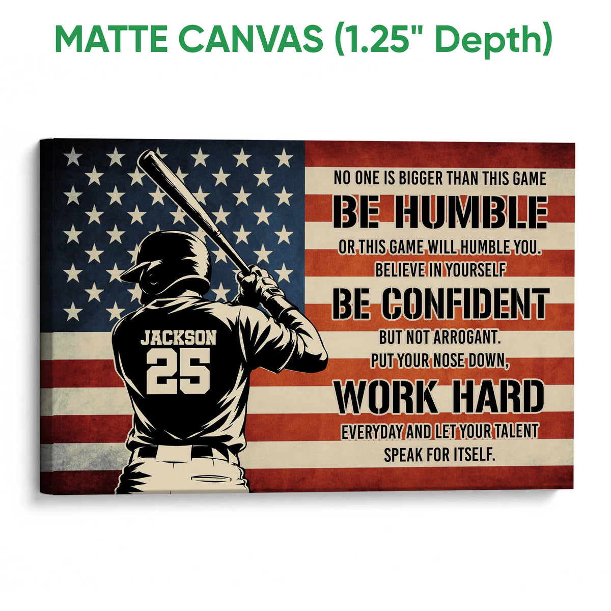 Matte canvas baseball wall art showing a batter and flag-inspired design with a gallery-wrapped edge