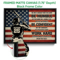 Black framed baseball canvas wall art with a batter, American flag motif, and motivational design