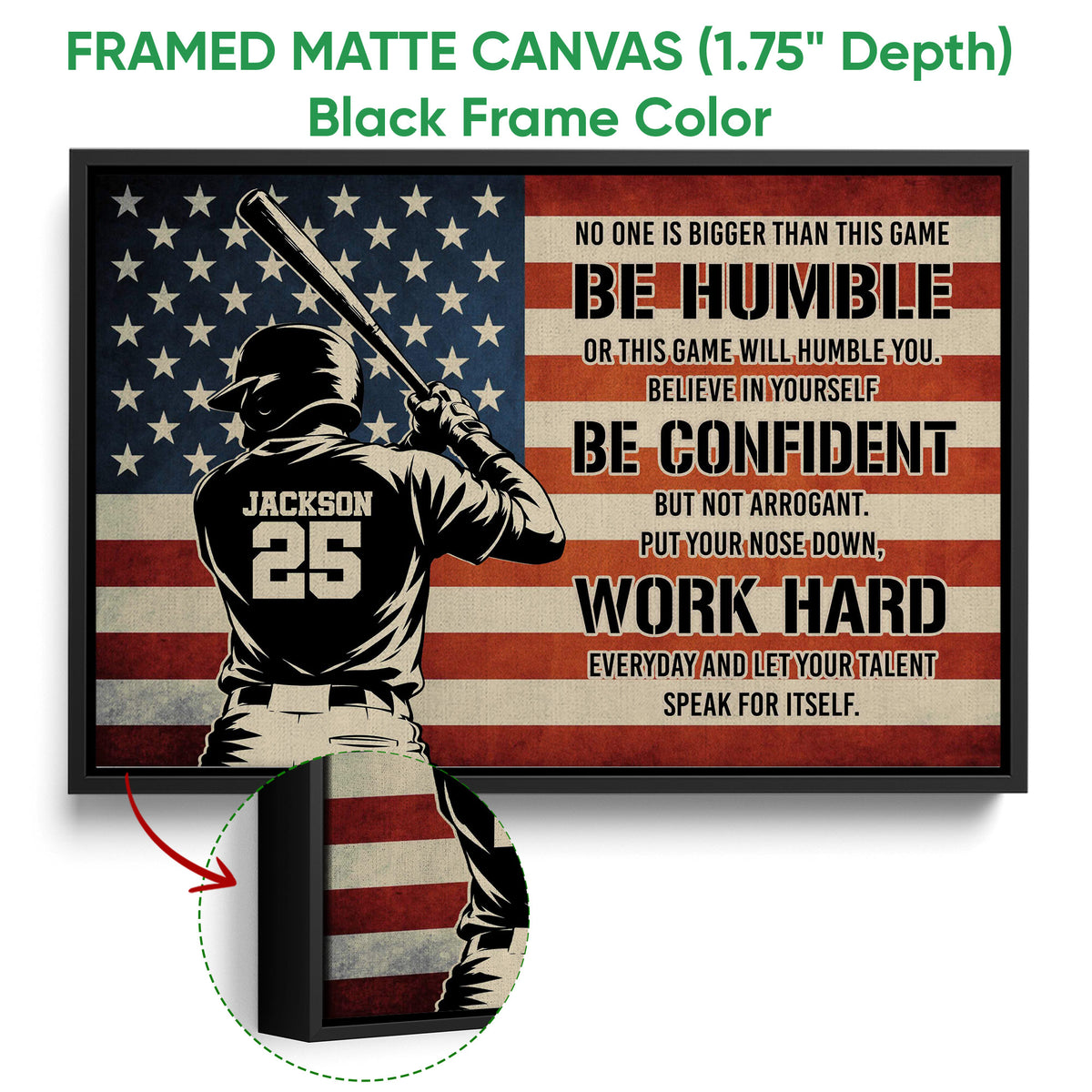Black framed baseball canvas wall art with a batter, American flag motif, and motivational design