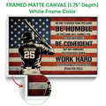 White framed baseball canvas wall art featuring a batter and bold red, white, and blue artwork