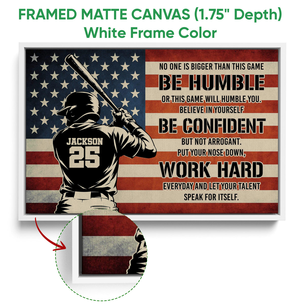 White framed baseball canvas wall art featuring a batter and bold red, white, and blue artwork
