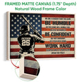 Natural wood framed baseball wall art featuring a batter, baseball bat, and patriotic flag-inspired design