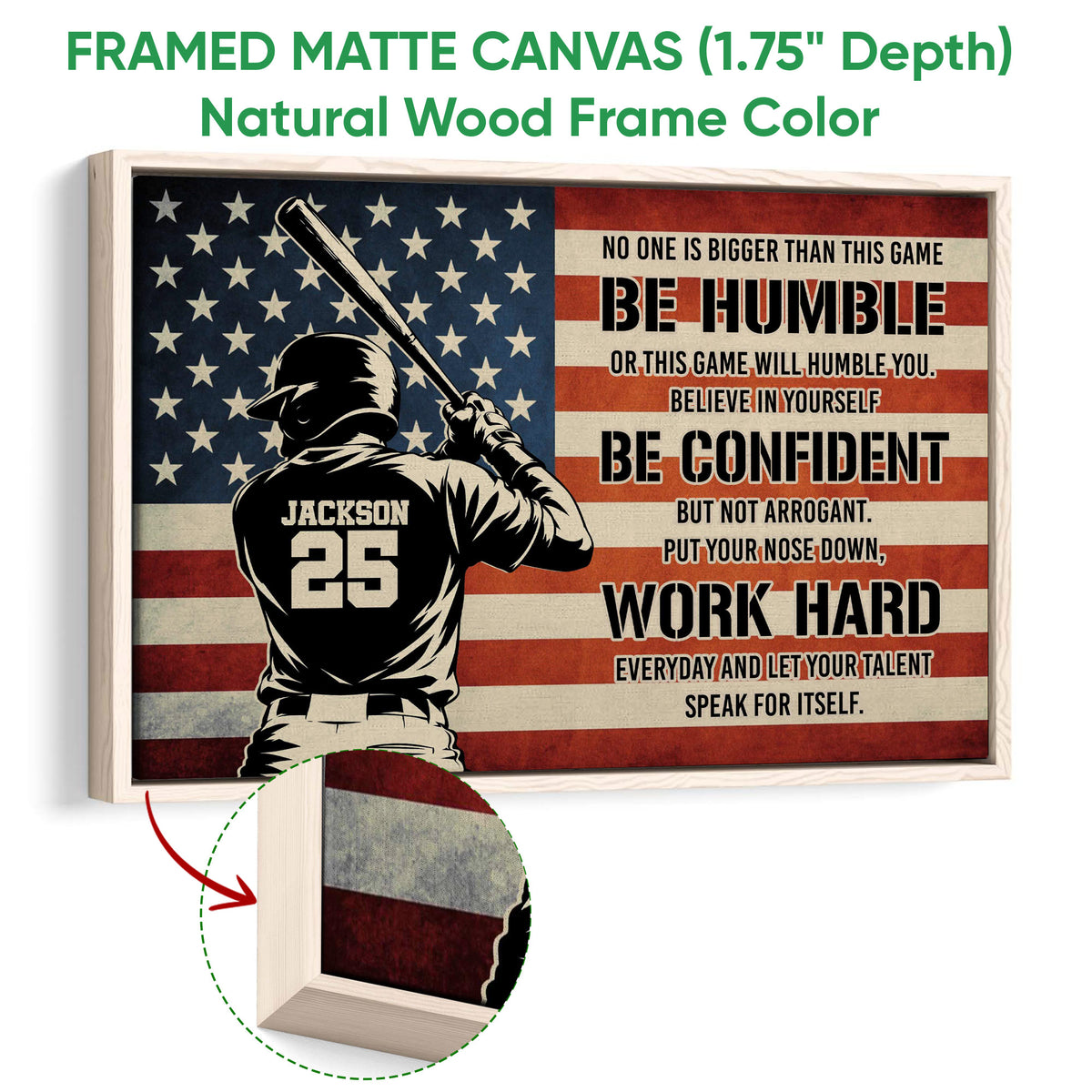 Natural wood framed baseball wall art featuring a batter, baseball bat, and patriotic flag-inspired design