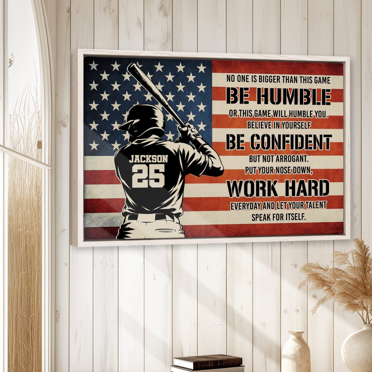 Baseball wall art displayed in a bright room with white wood paneling and natural wood framing