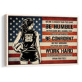 Framed volleyball wall art with a female player, American flag background, and motivational sports lettering