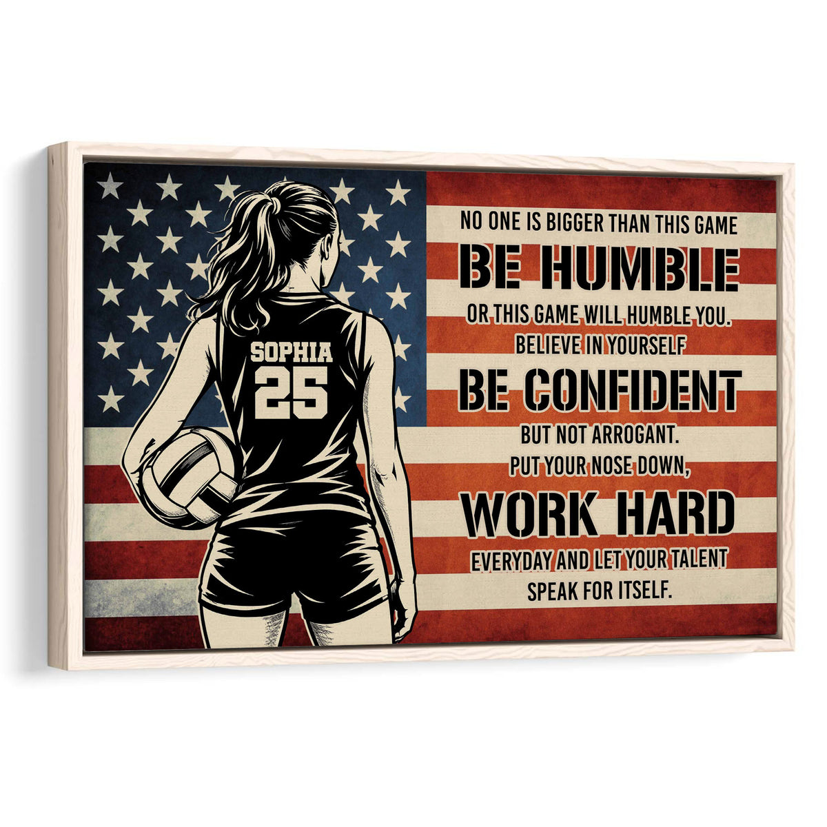 Framed volleyball wall art with a female player, American flag background, and motivational sports lettering