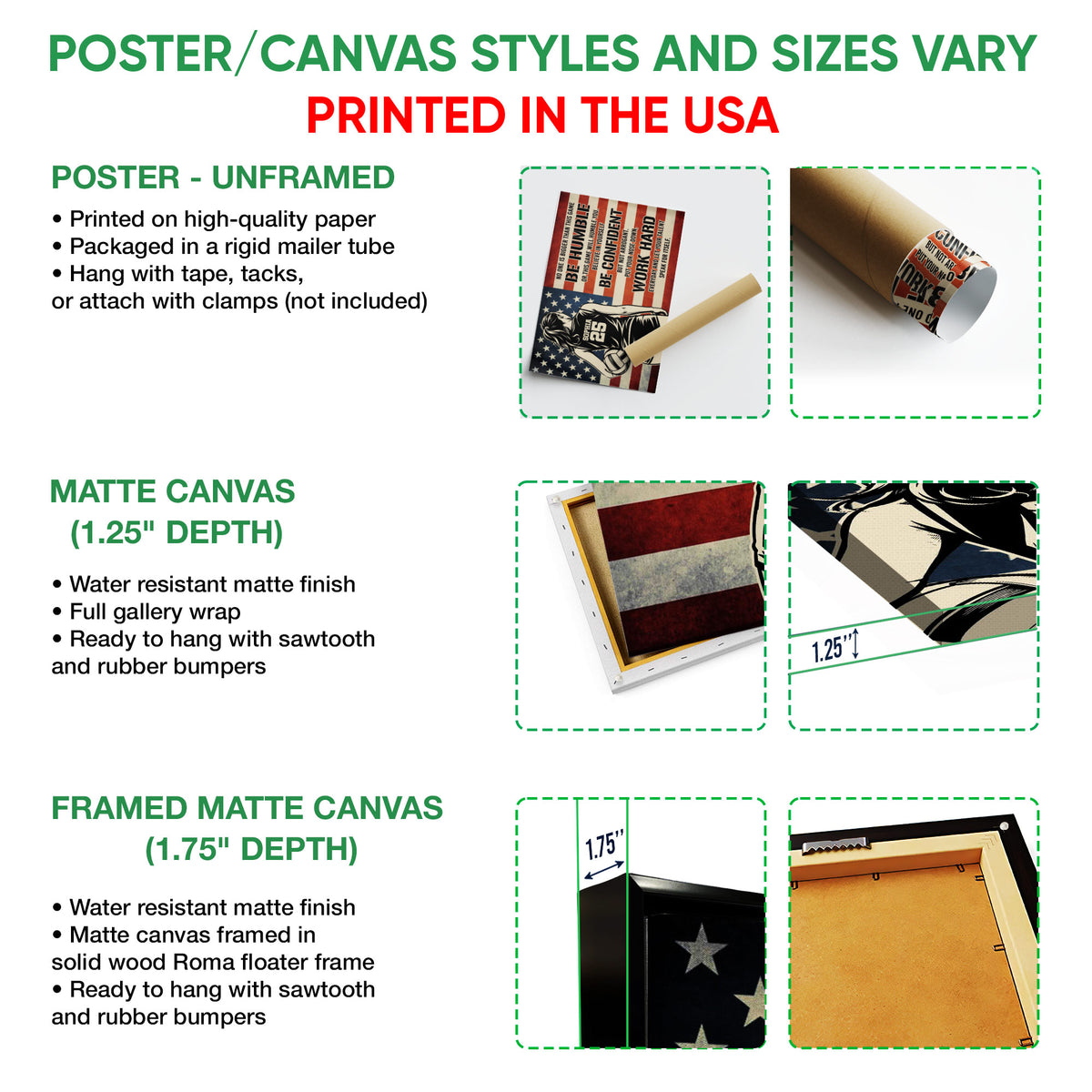 Volleyball wall art format guide showing unframed poster, matte canvas, and framed canvas options