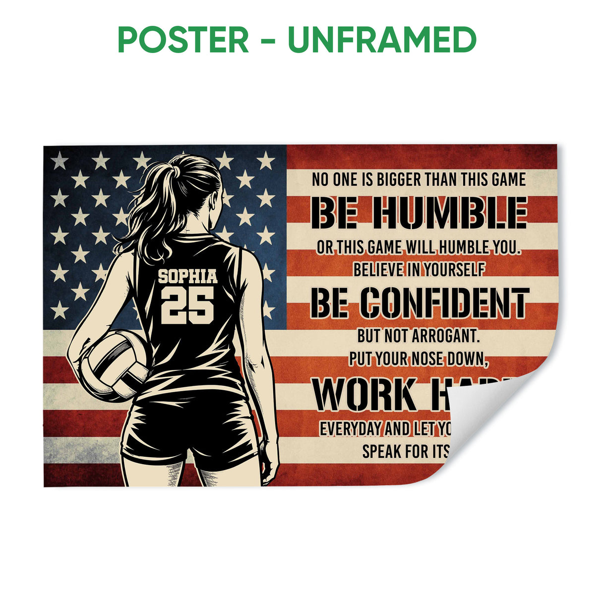 Unframed volleyball poster featuring a female player with a volleyball against a distressed American flag design