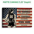 Matte canvas volleyball wall art featuring a female player, volleyball, stars, stripes, and motivational lettering