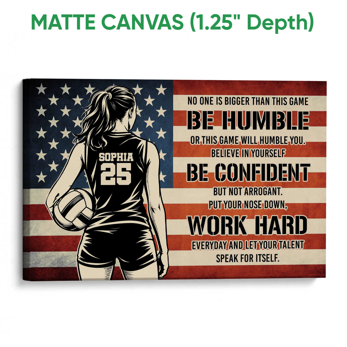 Matte canvas volleyball wall art featuring a female player, volleyball, stars, stripes, and motivational lettering