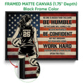 Black framed canvas volleyball wall art with a patriotic background and motivational sports message